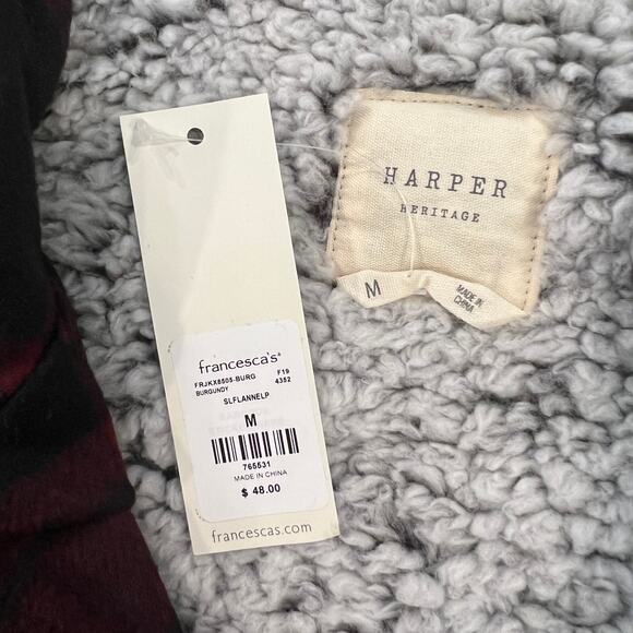 NWT Francesca's Harper Heritage Burgundy/Black Plaid Flannel/Sherpa Vest - Picture 5 of 8